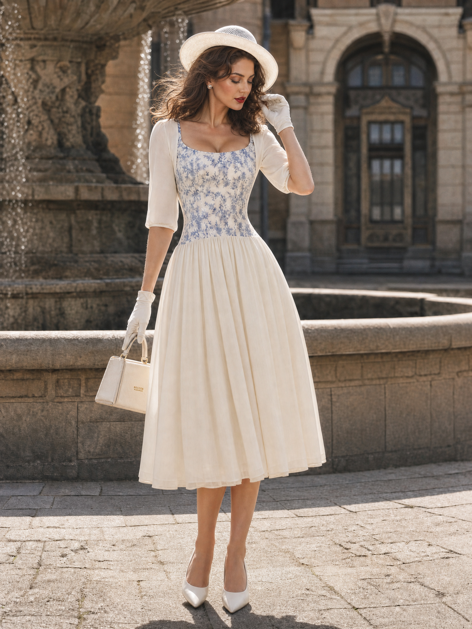Vintage Sweet Square Neck Blue Floral Waisted Swing Midi Dress
