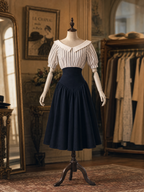 Vintage 50s Puff Sleeve Striped Top High Waist A-line Swing Skirt Sets