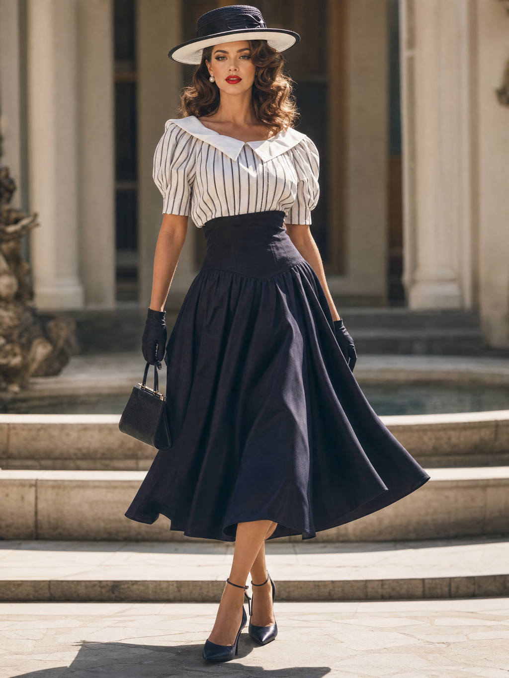Vintage 50s Puff Sleeve Striped Top High Waist A-line Swing Skirt Sets