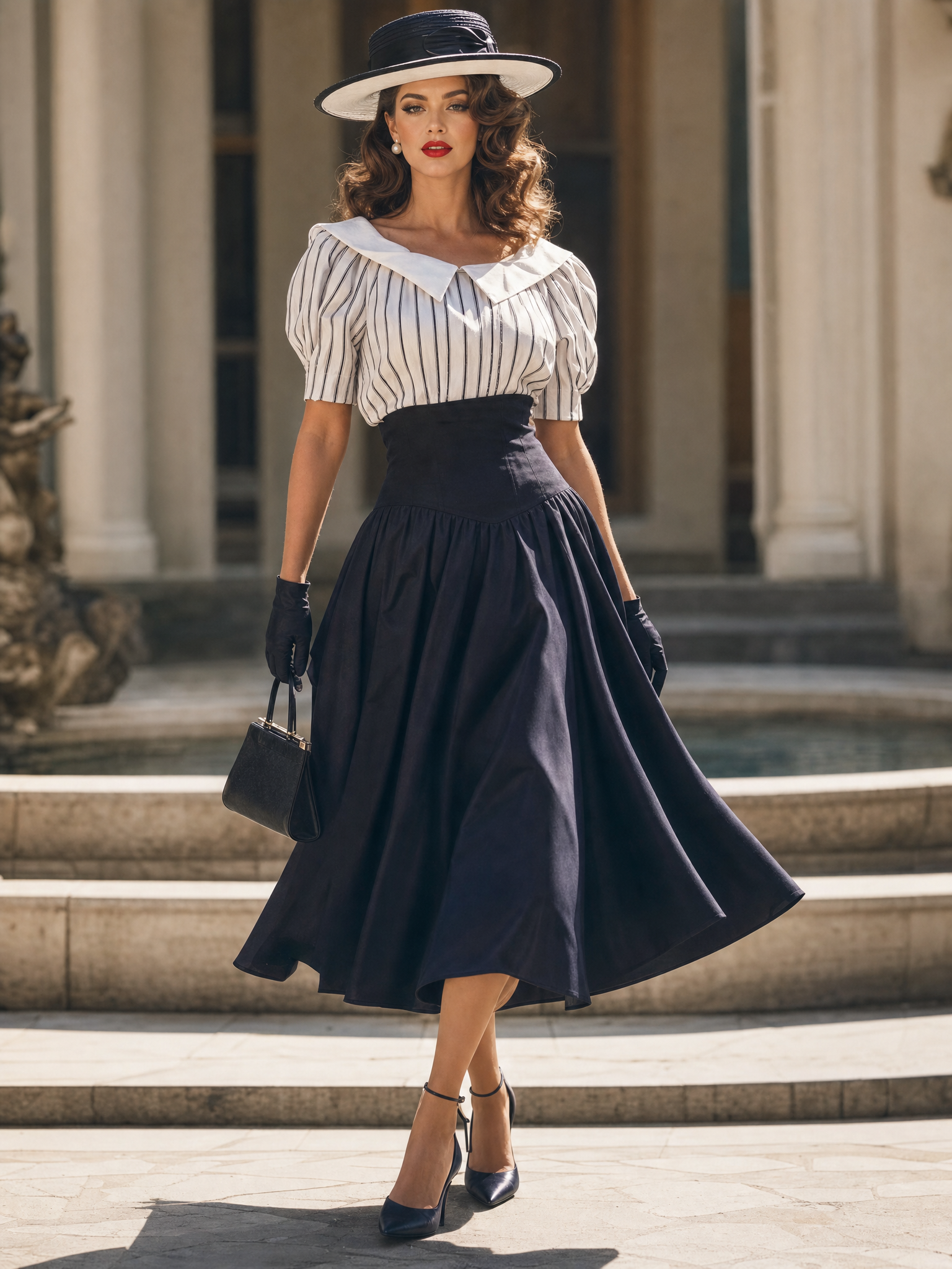Vintage 50s Puff Sleeve Striped Top High Waist A-line Swing Skirt Sets