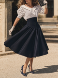 Vintage 50s Puff Sleeve Striped Top High Waist A-line Swing Skirt Sets