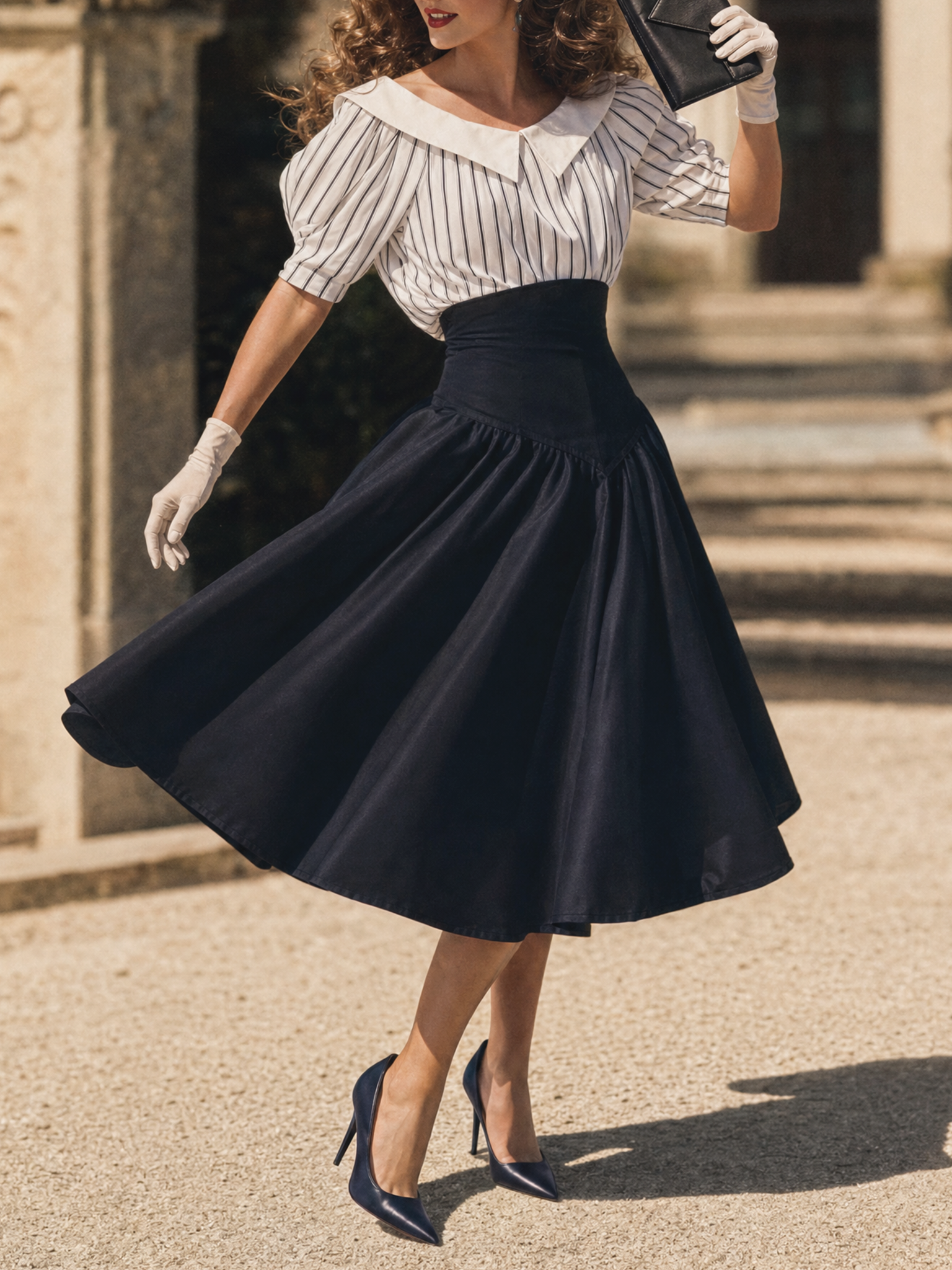 Vintage 50s Puff Sleeve Striped Top High Waist A-line Swing Skirt Sets