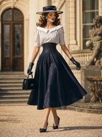 Vintage 50s Puff Sleeve Striped Top High Waist A-line Swing Skirt Sets