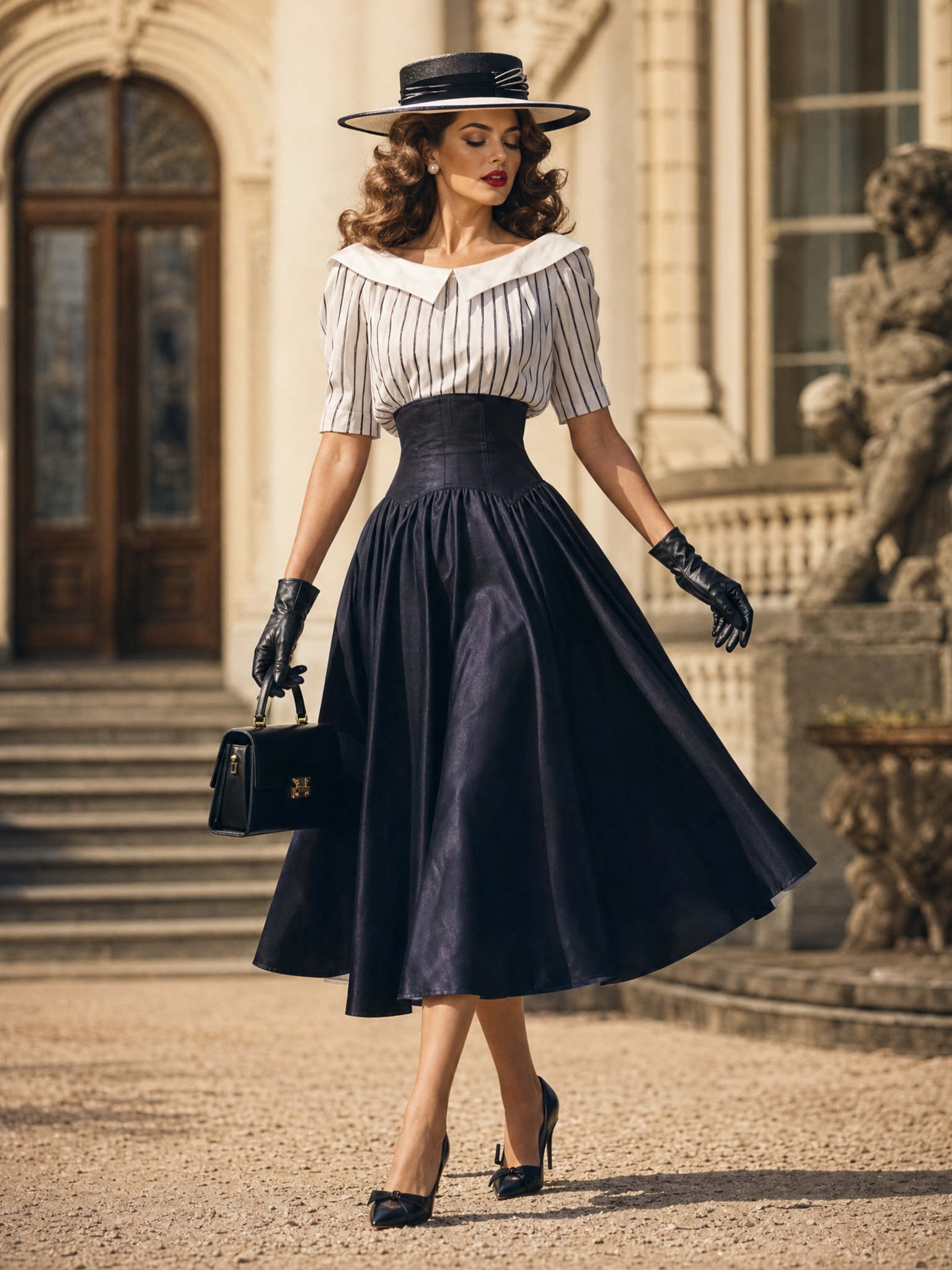 Vintage 50s Puff Sleeve Striped Top High Waist A-line Swing Skirt Sets