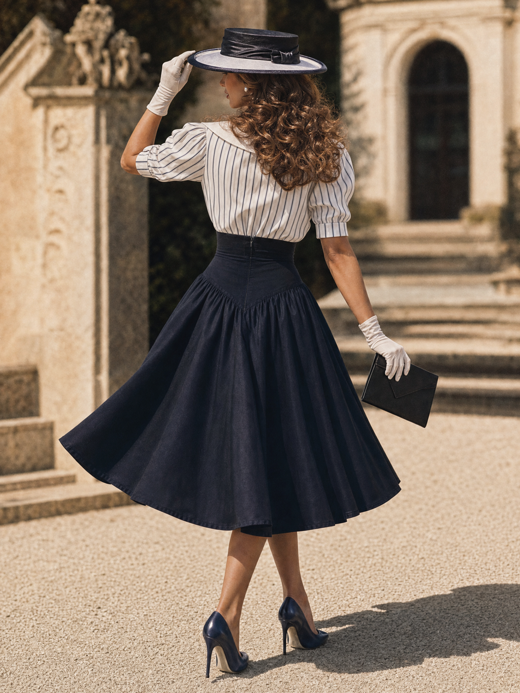 Vintage 50s Puff Sleeve Striped Top High Waist A-line Swing Skirt Sets