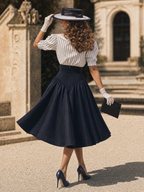 Vintage 50s Puff Sleeve Striped Top High Waist A-line Swing Skirt Sets