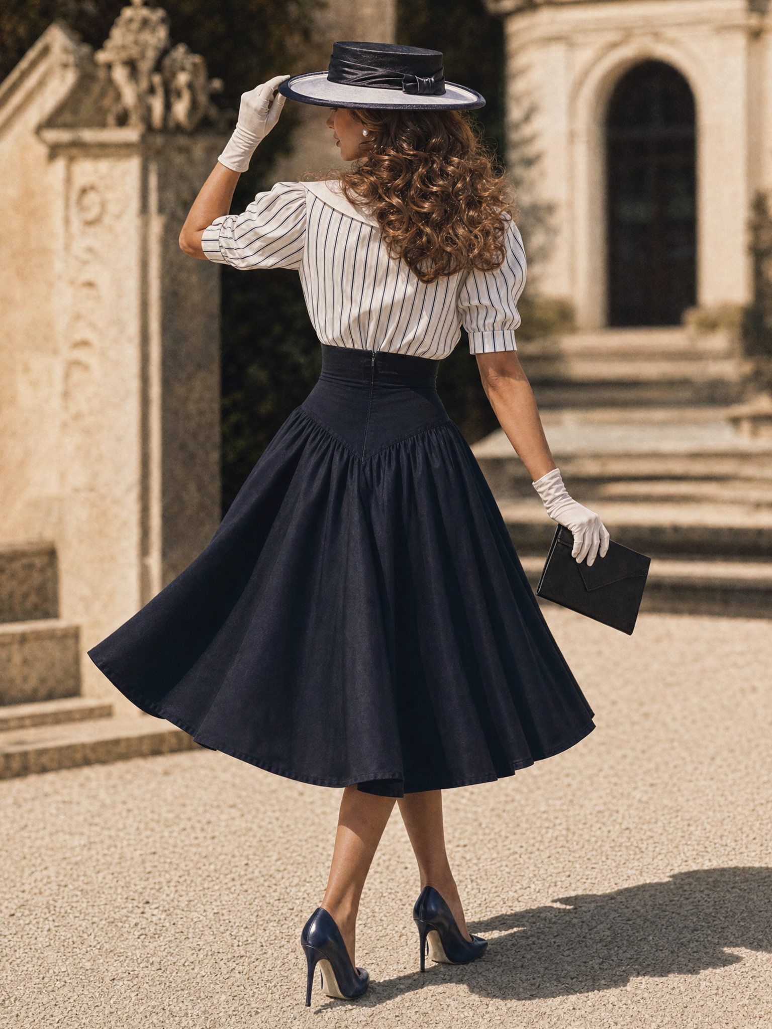 Vintage 50s Puff Sleeve Striped Top High Waist A-line Swing Skirt Sets