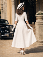Vintage Hepburn V Neck Half Sleeve Camellia Bow Midi Dress