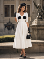 Vintage Hepburn V Neck Half Sleeve Camellia Bow Midi Dress