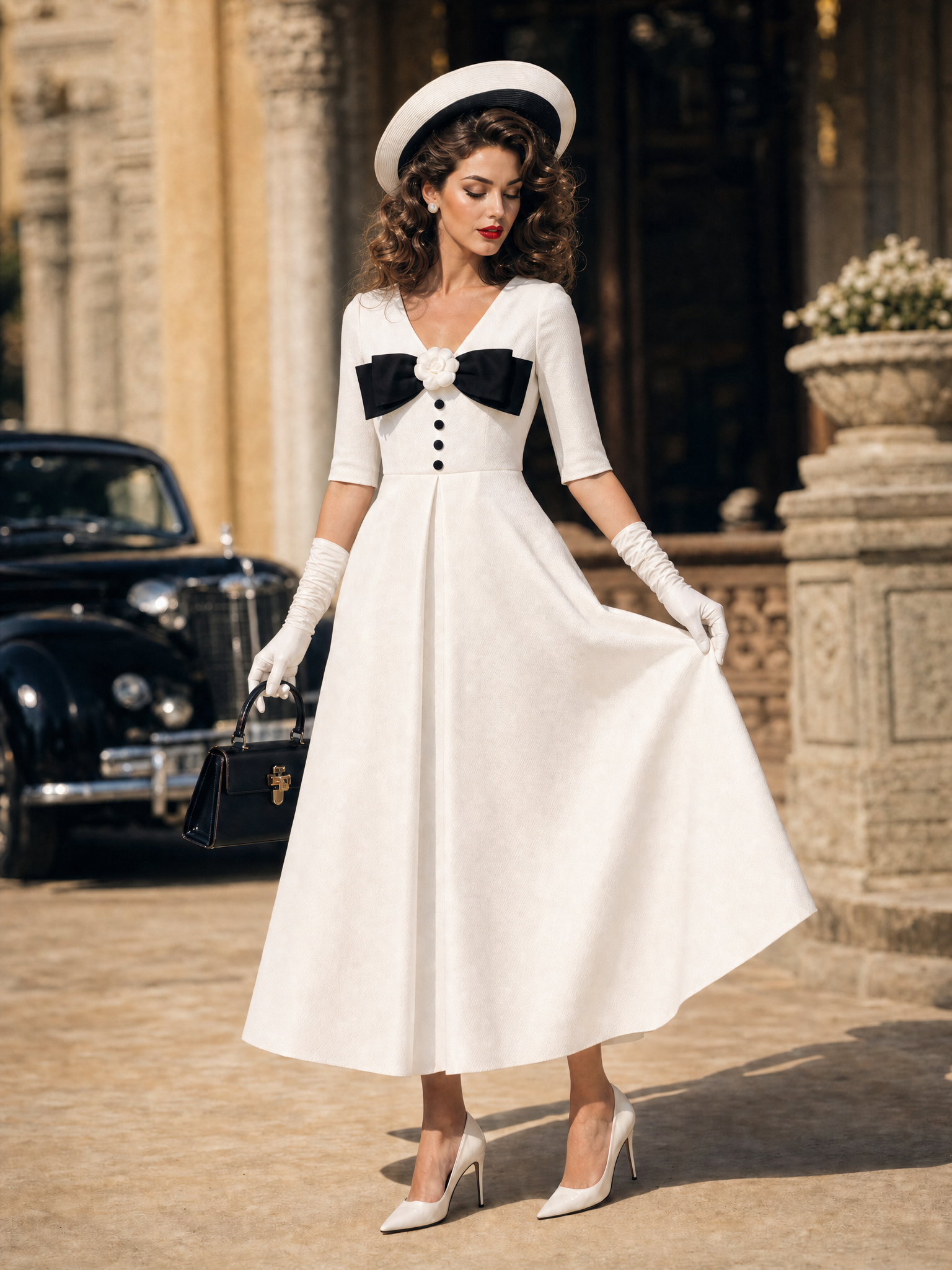 Vintage Hepburn V Neck Half Sleeve Camellia Bow Midi Dress