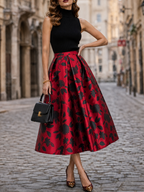 Elegant Wine-Red Floral-Print A-Line Midi Skirt