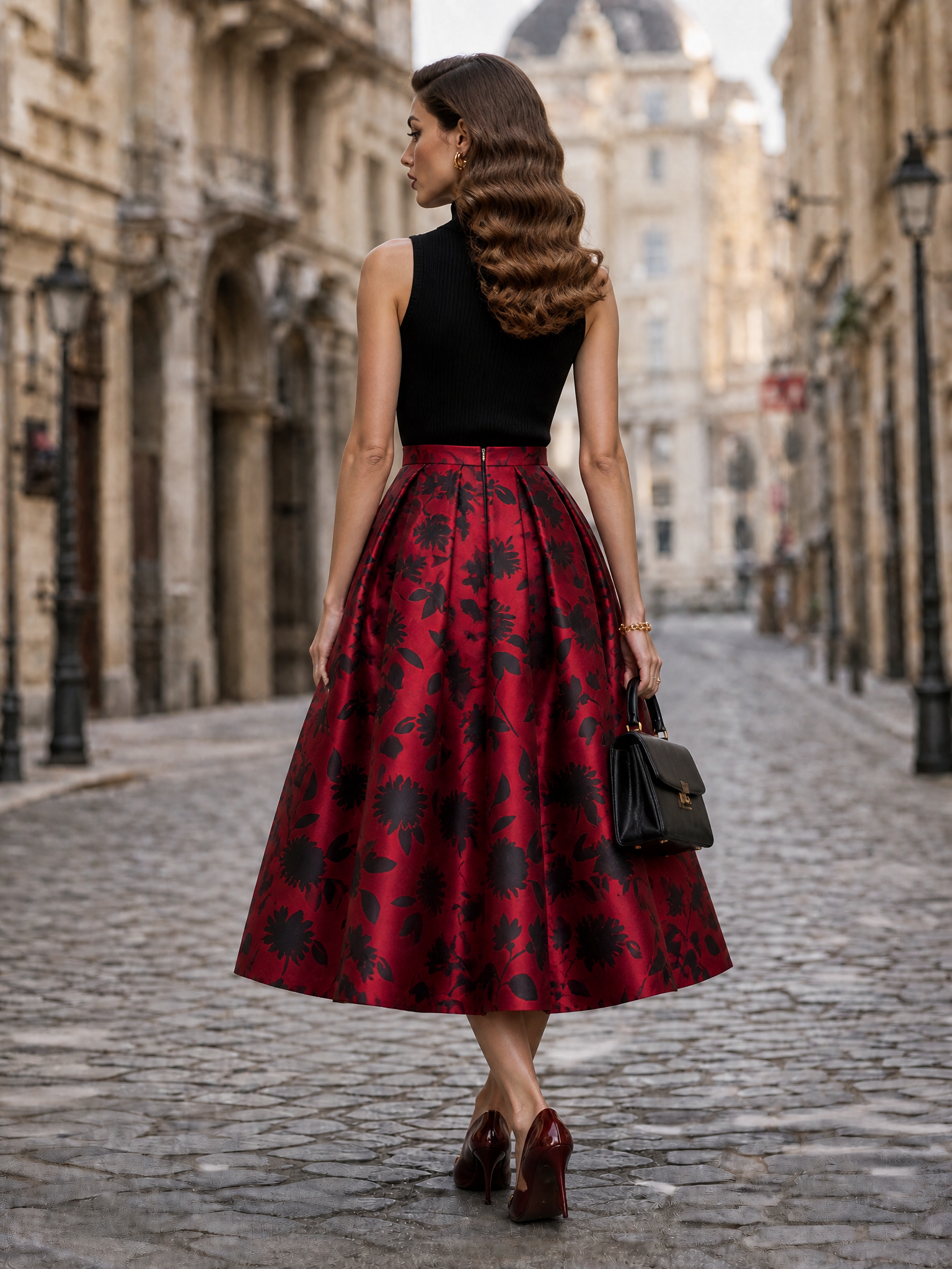Elegant Wine-Red Floral-Print A-Line Midi Skirt