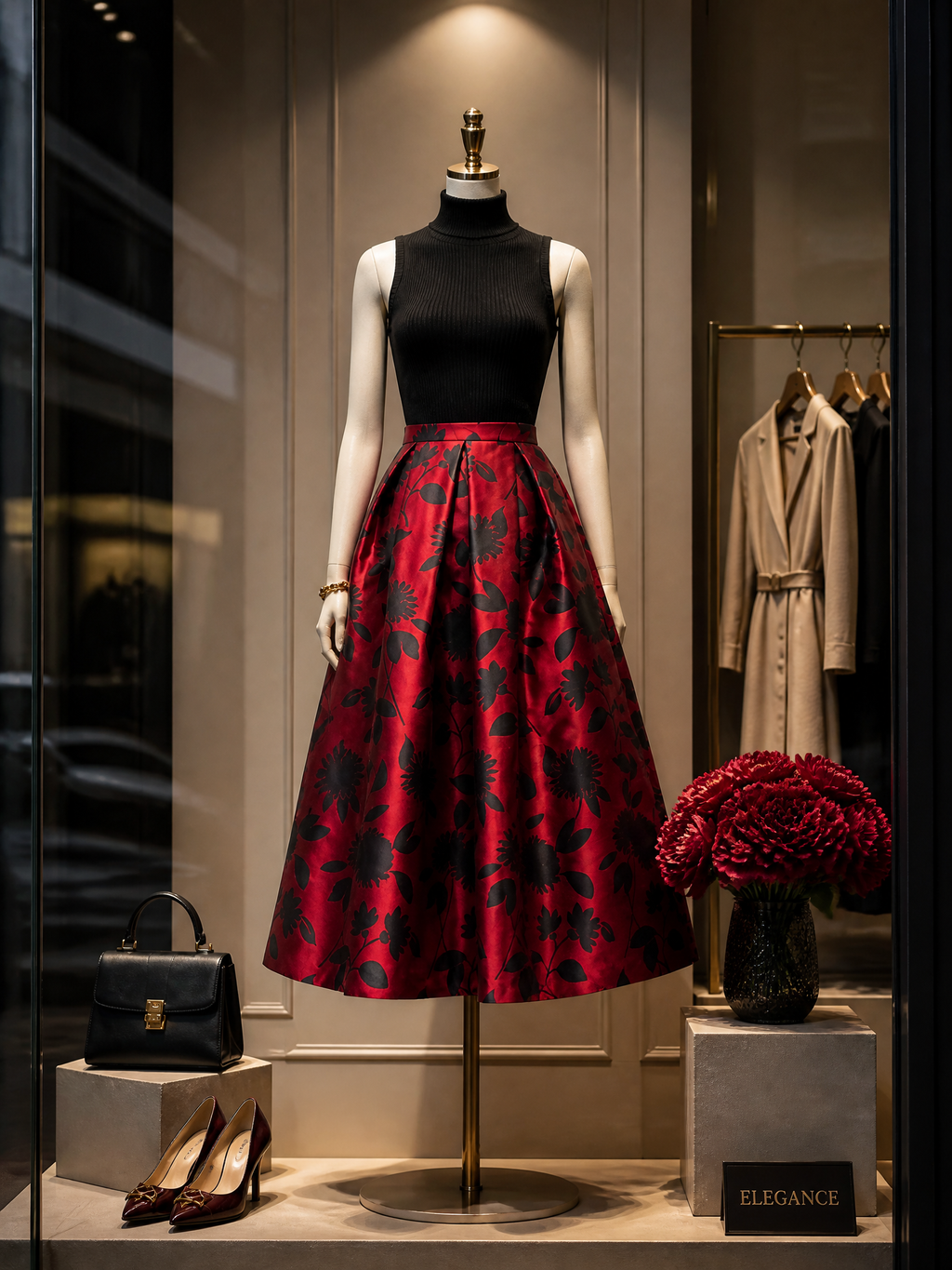 Elegant Wine-Red Floral-Print A-Line Midi Skirt