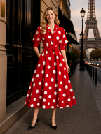 Vintage Polka Dot Print Shirt Maxi Dress