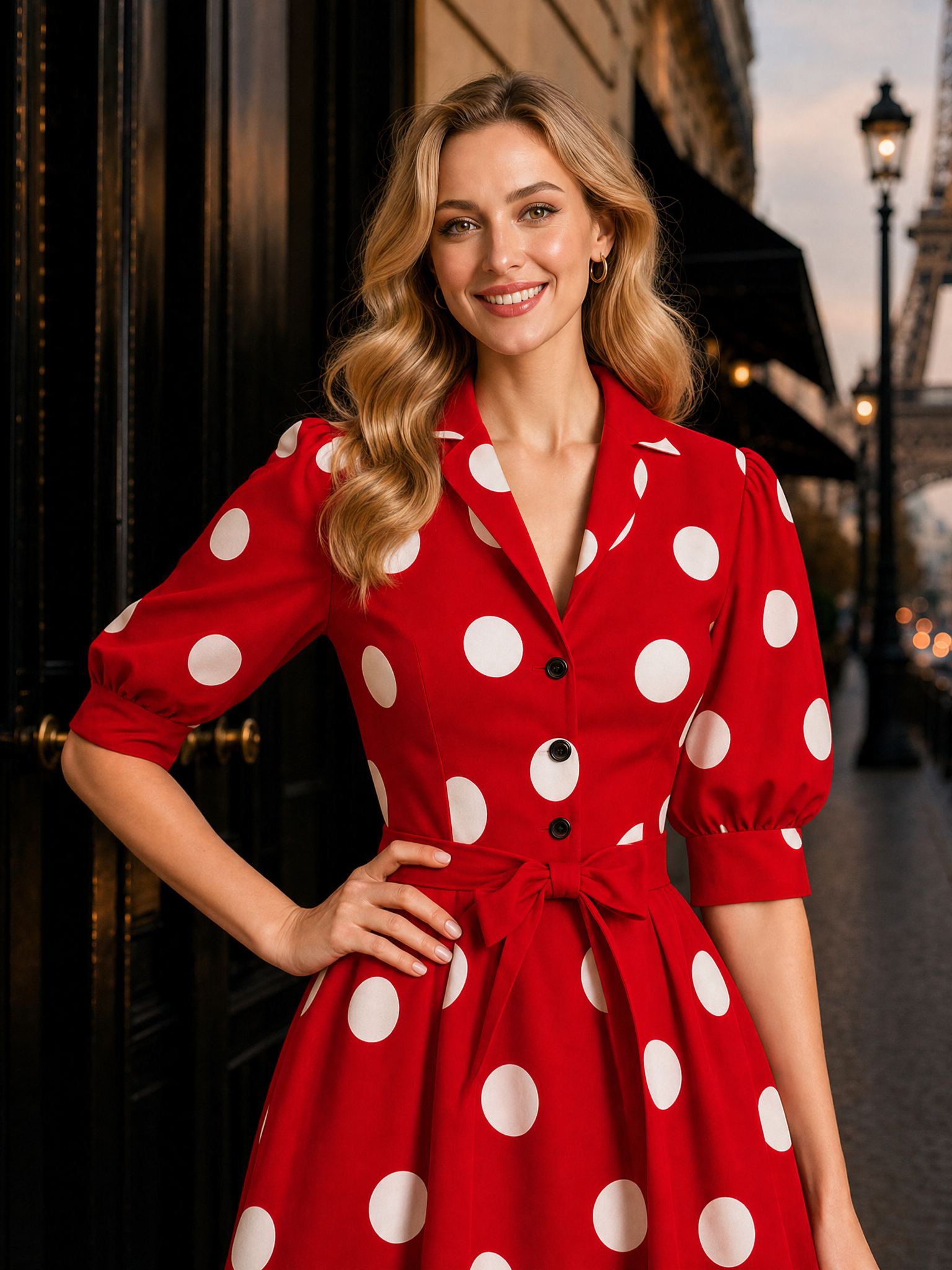 Vintage Polka Dot Print Shirt Maxi Dress