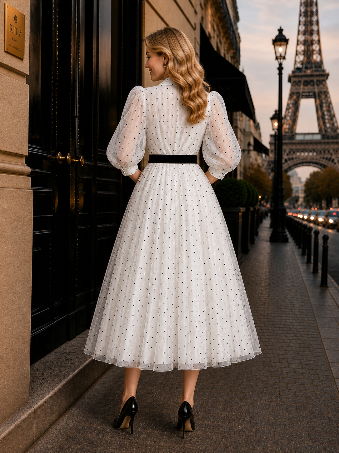 Vintage Polka Dot Print Colorblock Belted Maxi Dress