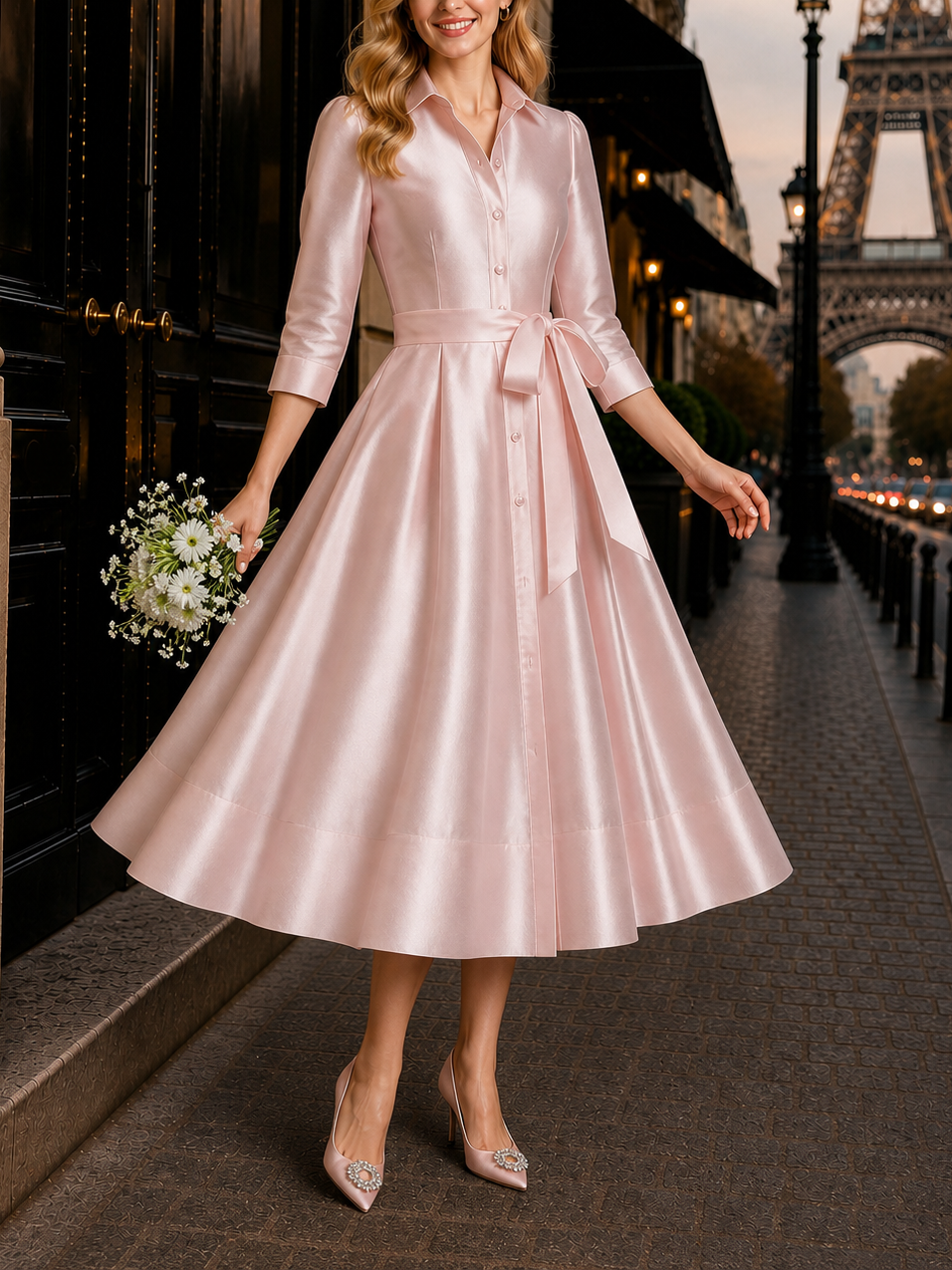 Vintage Bow Belt Shirt Collar Maxi Dress