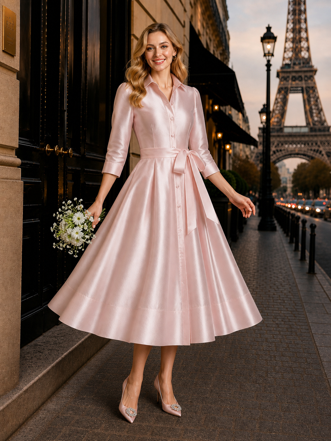 Vintage Bow Belt Shirt Collar Maxi Dress