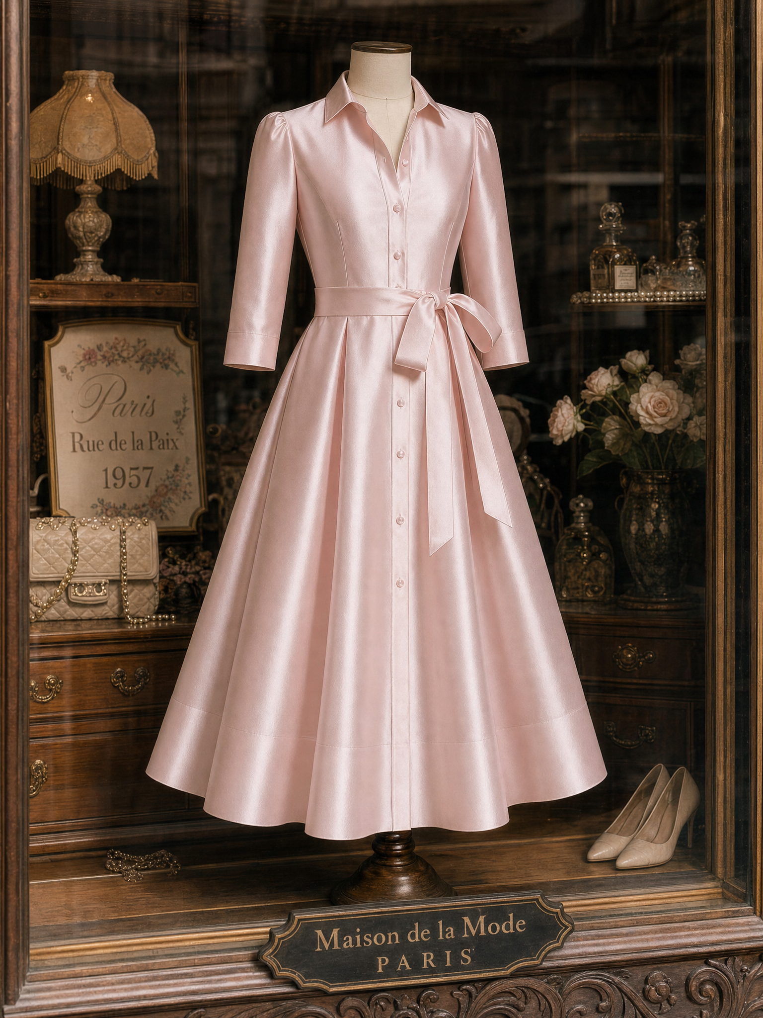 Vintage Bow Belt Shirt Collar Maxi Dress