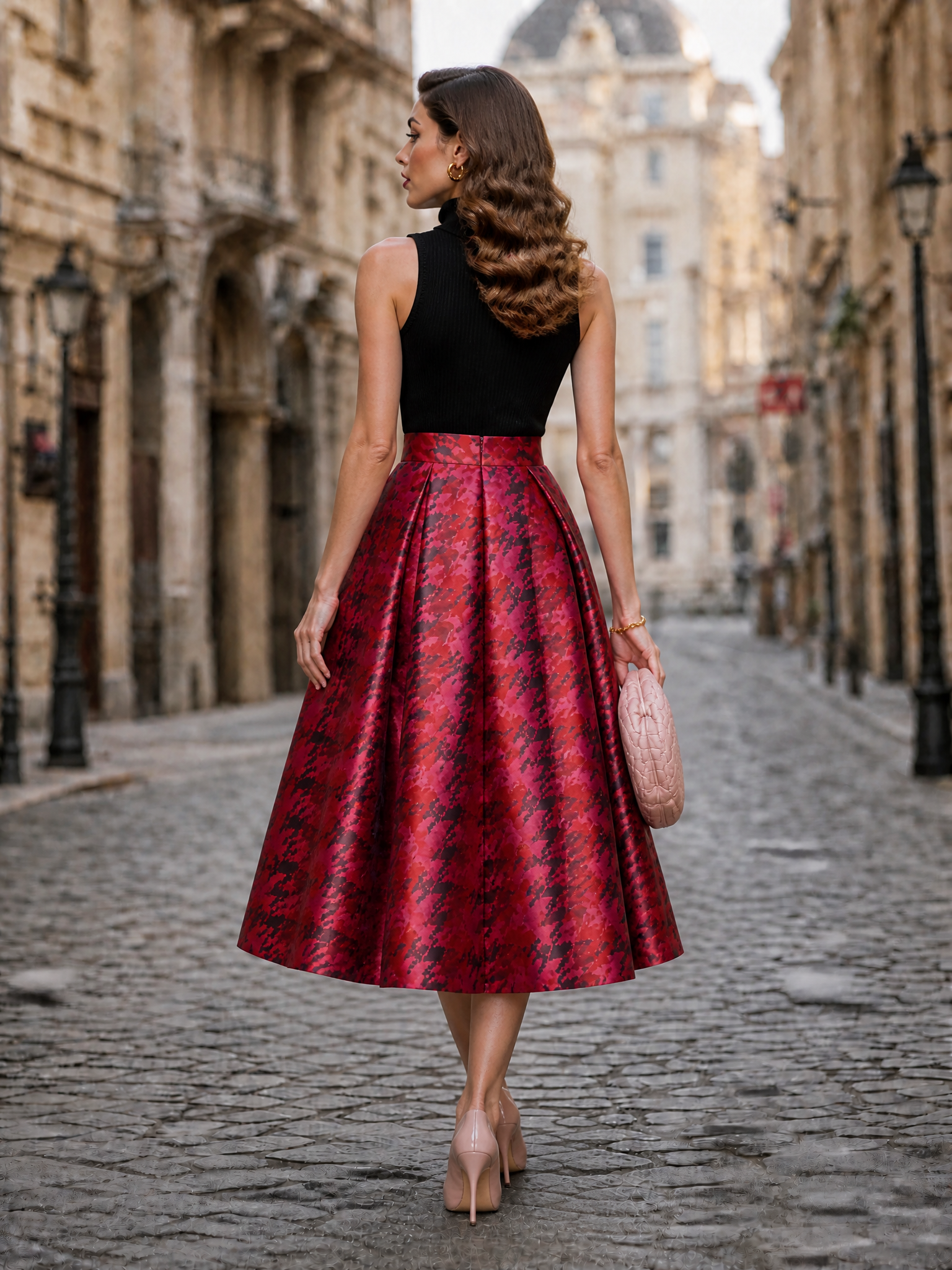 Vintage High-Waist Box-Pleated A-Line Midi Skirt