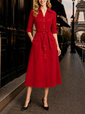 Vintage Shirt Collar Metal Button Belt Midi Dress