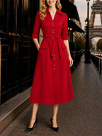 Vintage Shirt Collar Metal Button Belt Midi Dress