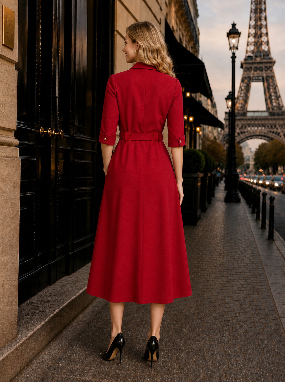 Vintage Shirt Collar Metal Button Belt Midi Dress