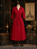 Vintage Shirt Collar Metal Button Belt Midi Dress