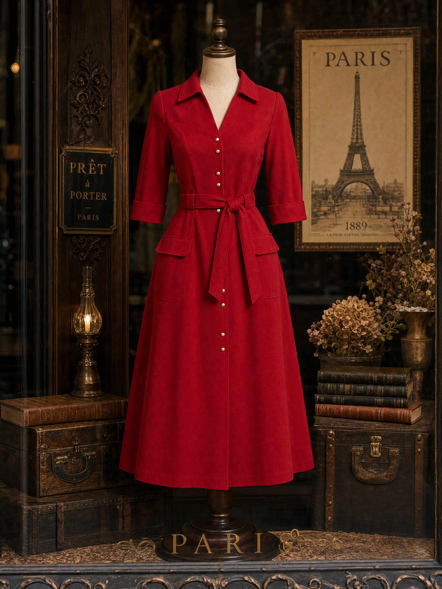 Vintage Shirt Collar Metal Button Belt Midi Dress