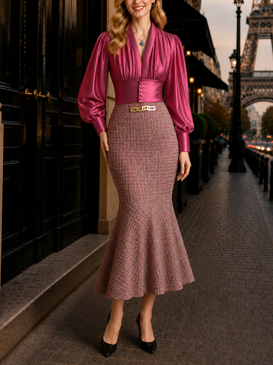 Vintage Satin V-Neck Blouse & Mermaid Skirt Two-Piece Set