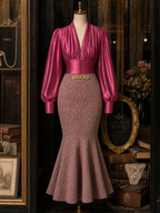 Vintage Satin V-Neck Blouse & Mermaid Skirt Two-Piece Set