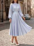 Elegant Sky-Blue Mock-Neck Satin Midi Dress