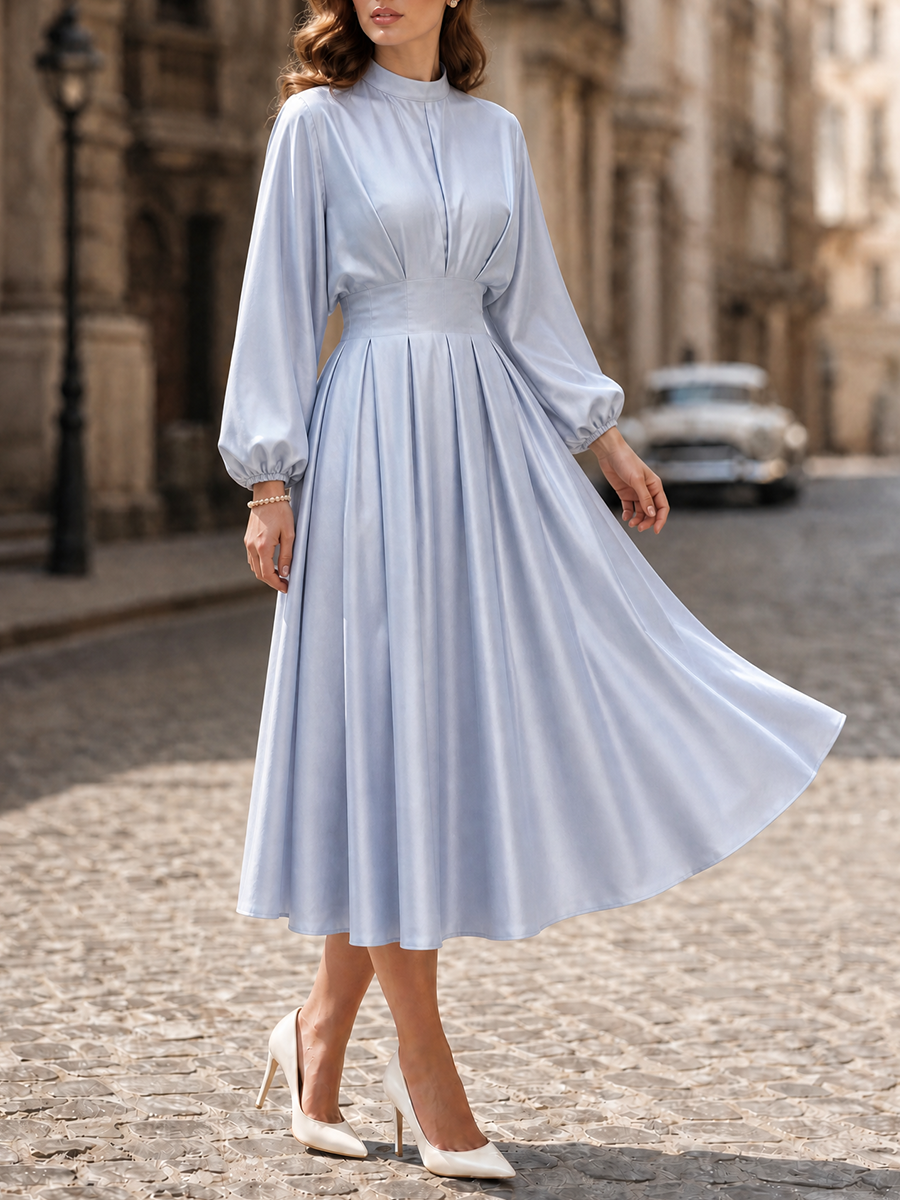Elegant Sky-Blue Mock-Neck Satin Midi Dress