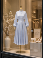Elegant Sky-Blue Mock-Neck Satin Midi Dress