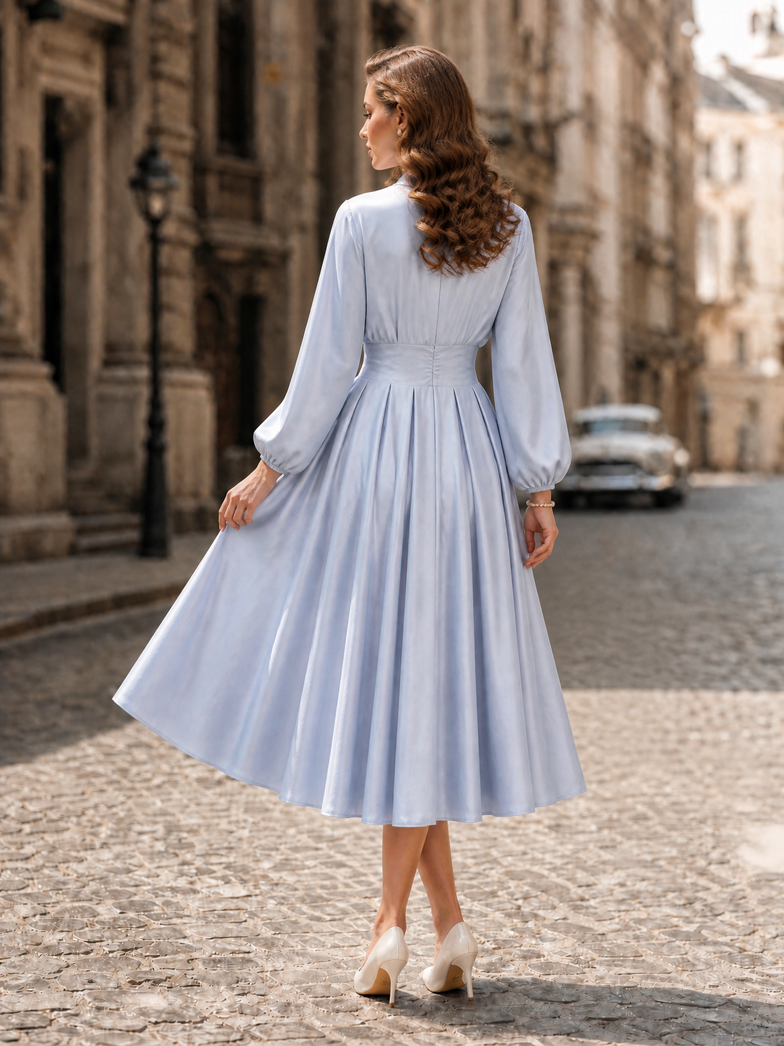 Elegant Sky-Blue Mock-Neck Satin Midi Dress