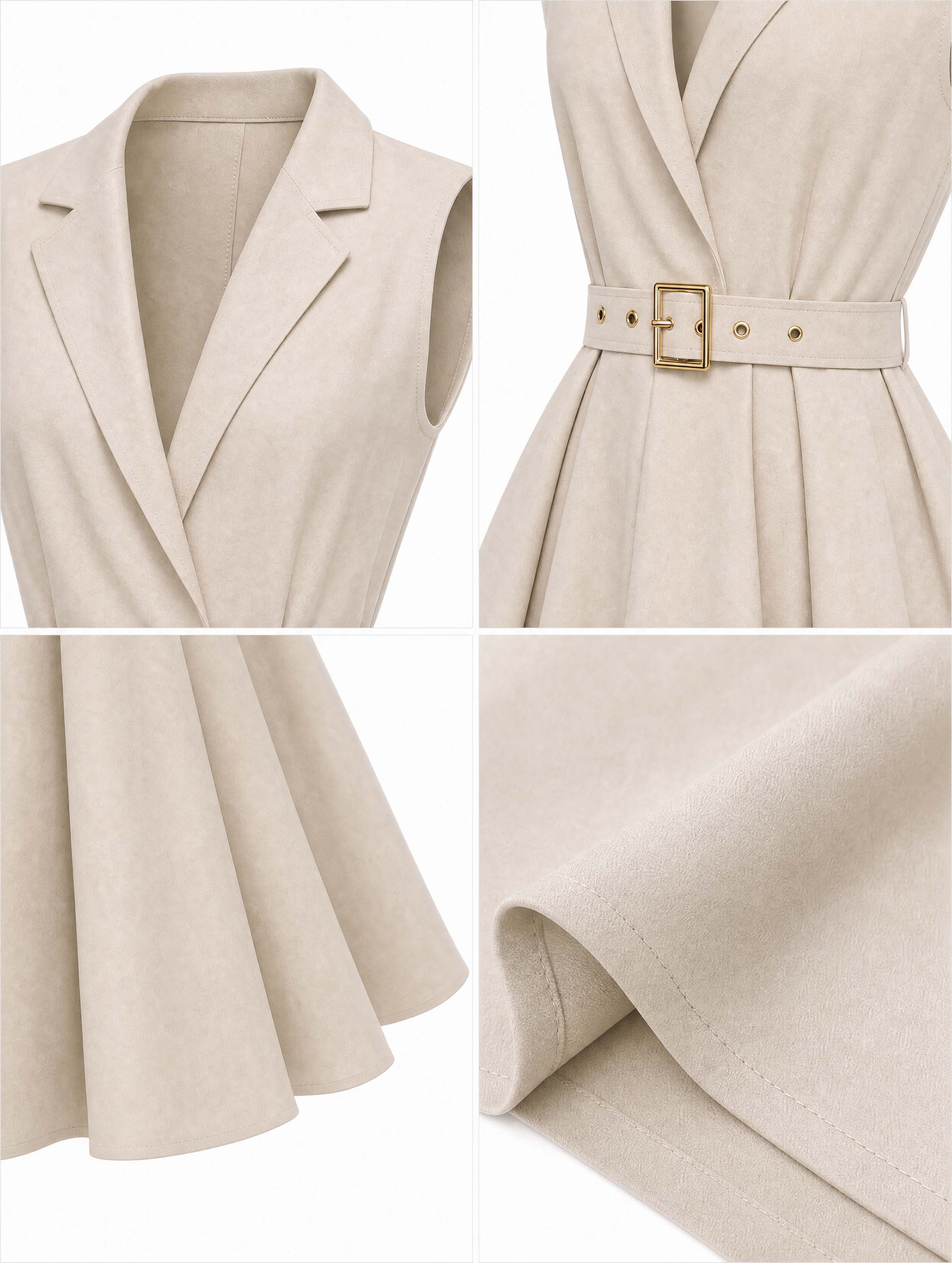 Vintage Lapel Sleeveless Belted A‑Line Midi Dress