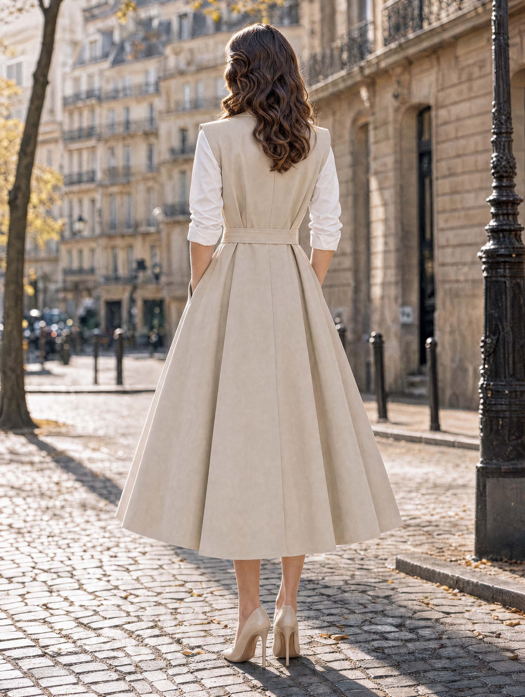 Vintage Lapel Sleeveless Belted A‑Line Midi Dress