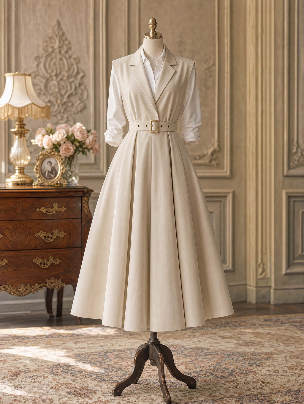 Vintage Lapel Sleeveless Belted A‑Line Midi Dress