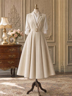 Vintage Lapel Sleeveless Belted A‑Line Midi Dress