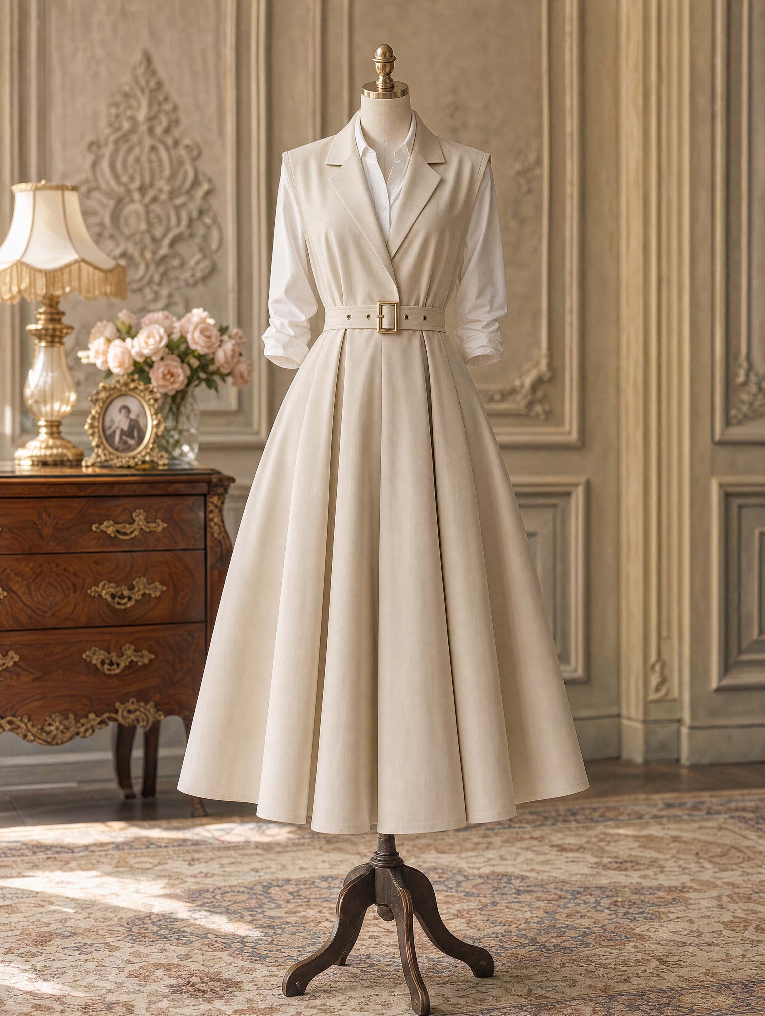 Vintage Lapel Sleeveless Belted A‑Line Midi Dress