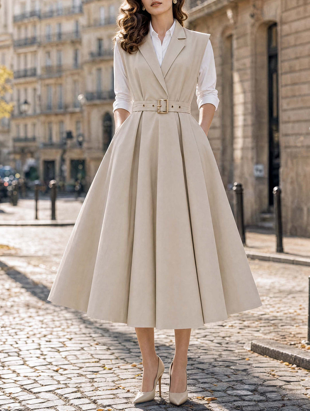 Vintage Lapel Sleeveless Belted A‑Line Midi Dress
