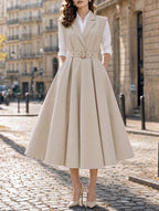Vintage Lapel Sleeveless Belted A‑Line Midi Dress