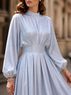 Elegant Sky-Blue Mock-Neck Satin Midi Dress