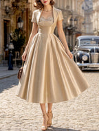 Vintage Champagne Satin A‑Line Midi Occasion Dress