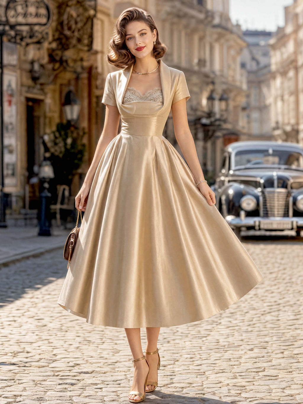 Vintage Champagne Satin A‑Line Midi Occasion Dress