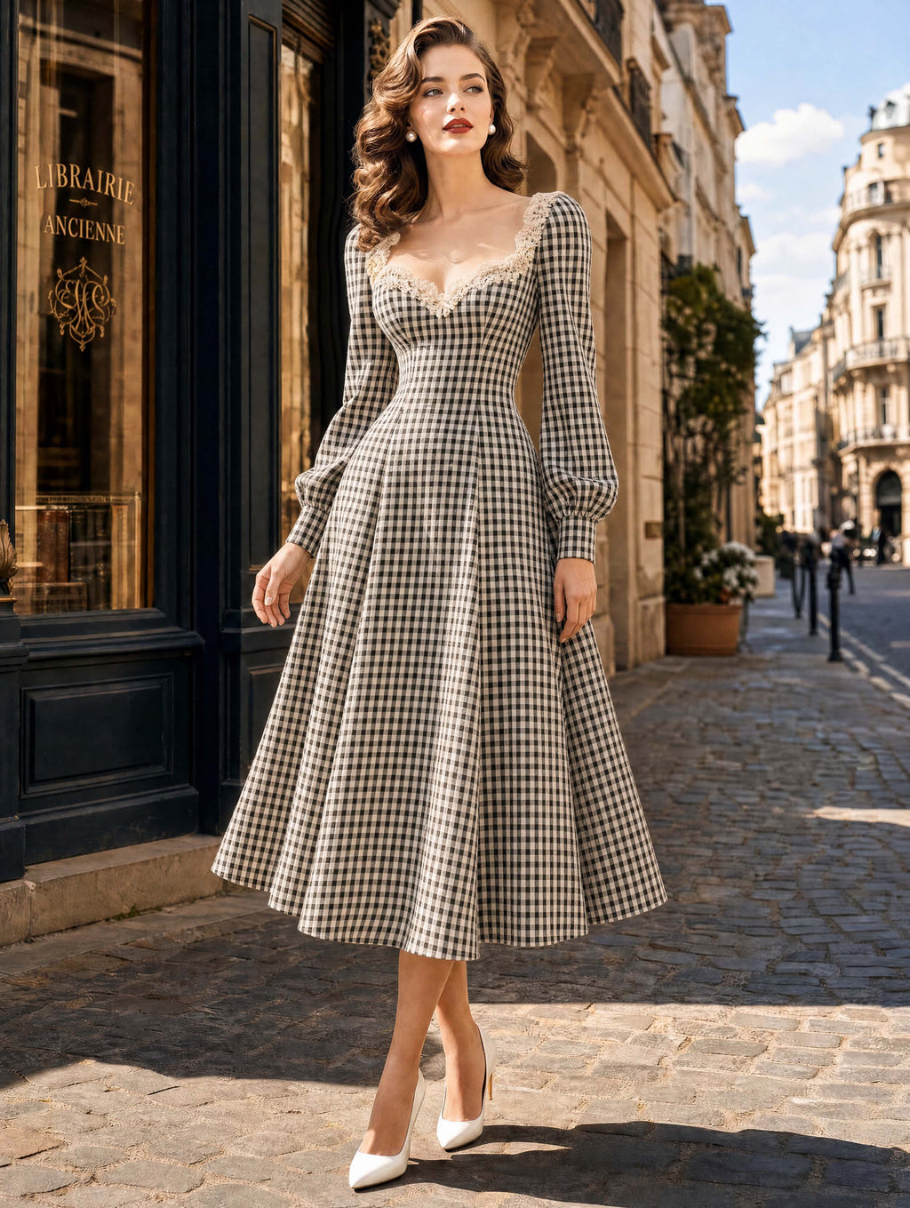 Vintage Gingham Lace Sweetheart‑Neck A‑Line Midi Dress