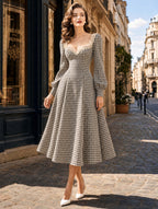 Vintage Gingham Lace Sweetheart‑Neck A‑Line Midi Dress