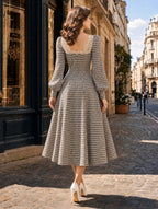Vintage Gingham Lace Sweetheart‑Neck A‑Line Midi Dress