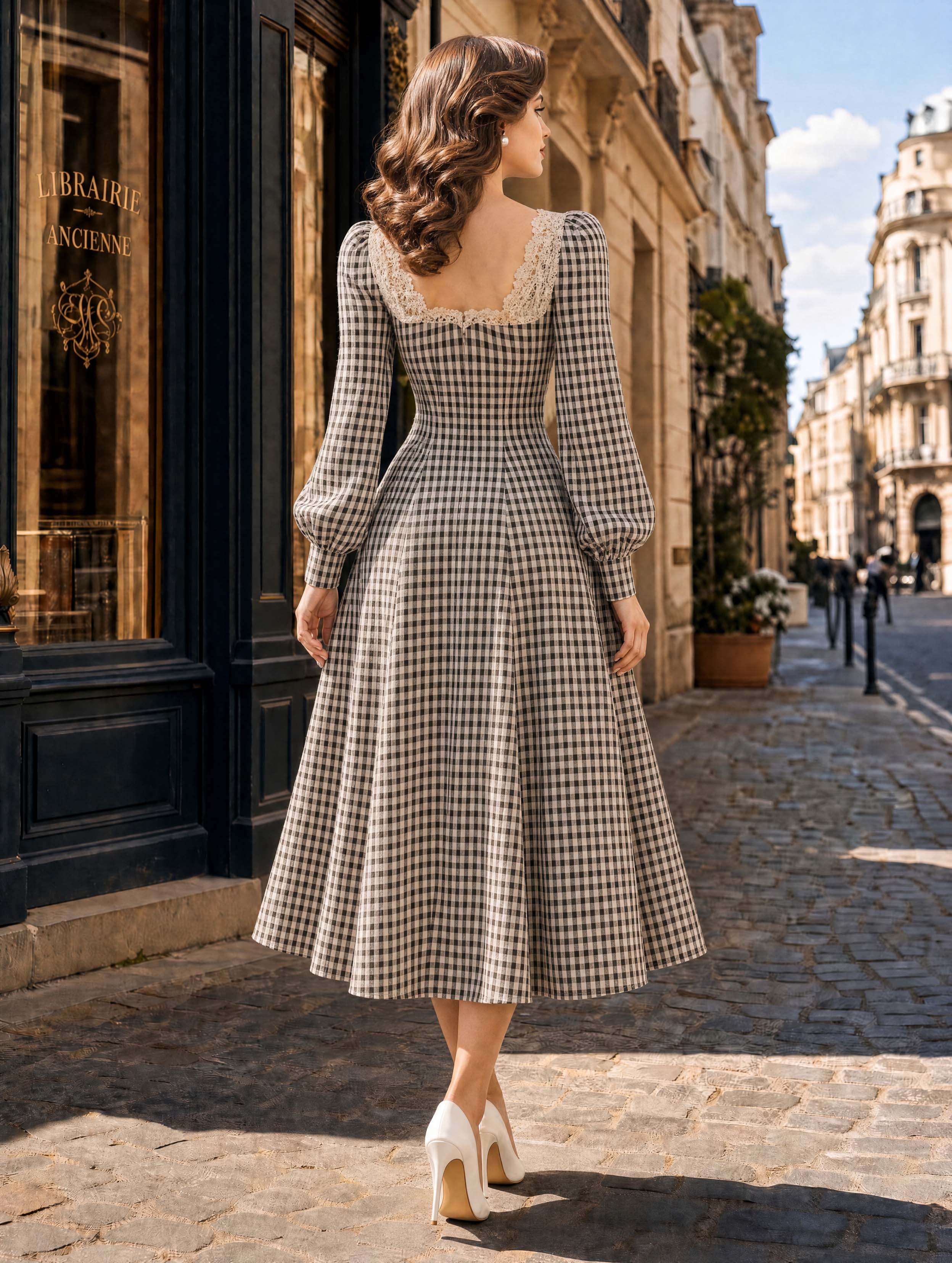 Vintage Gingham Lace Sweetheart‑Neck A‑Line Midi Dress