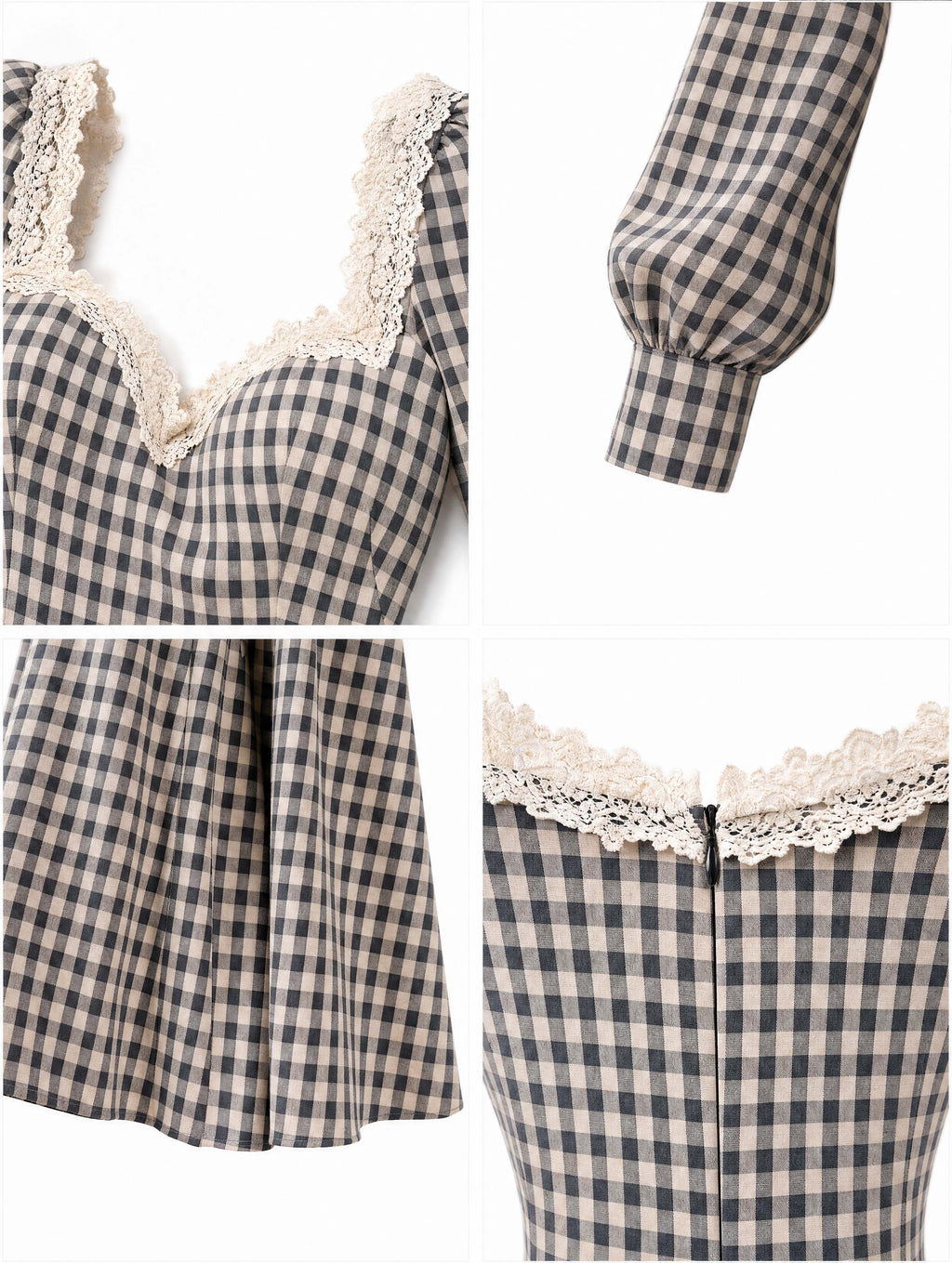 Vintage Gingham Lace Sweetheart‑Neck A‑Line Midi Dress